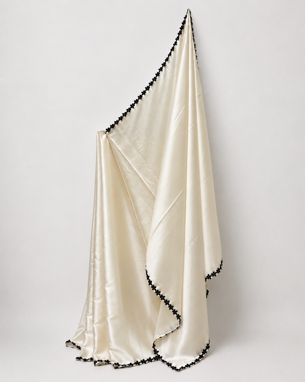 Ivory Satin Saree with Black Flower Lace