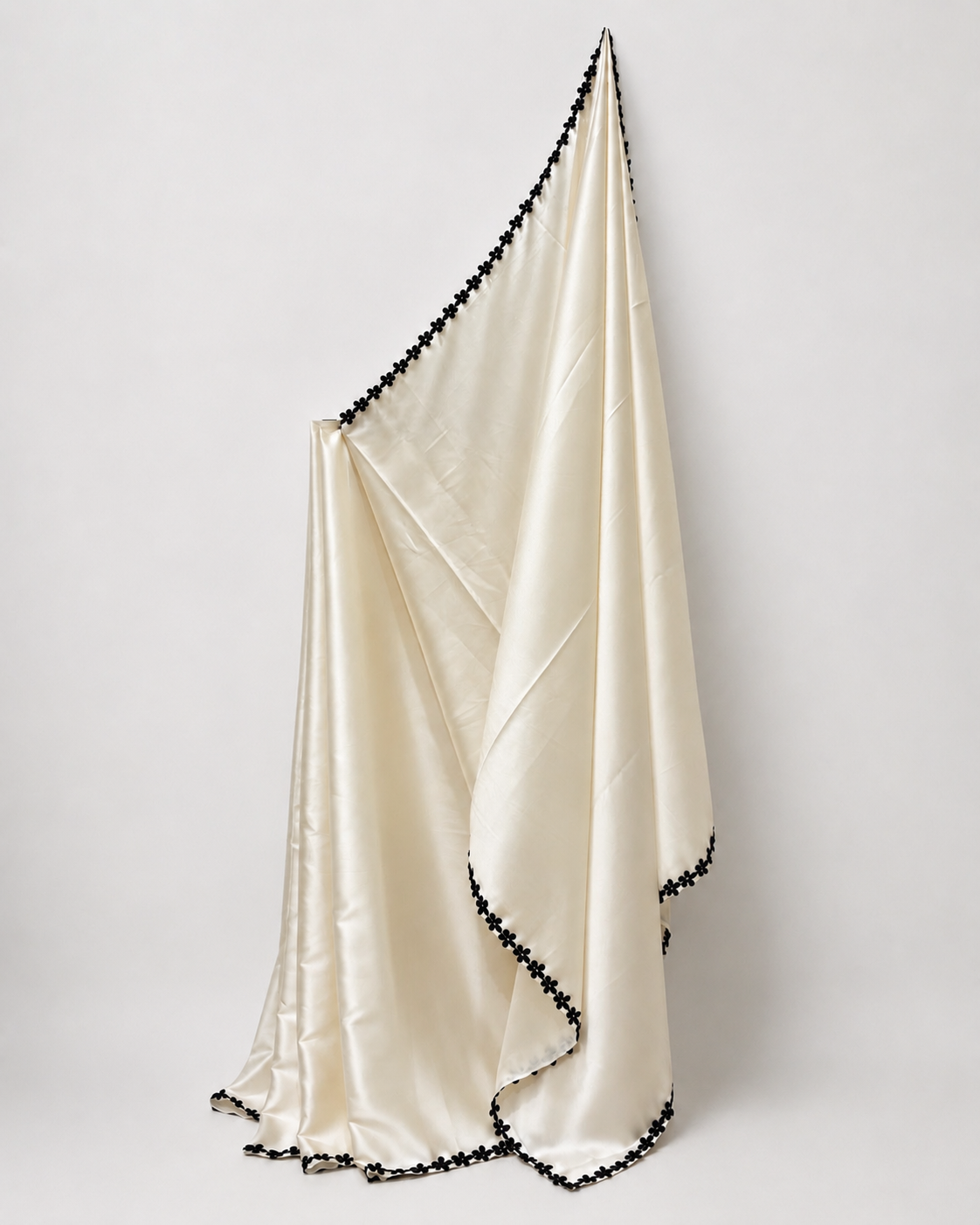 Ivory Satin Saree with Black Flower Lace