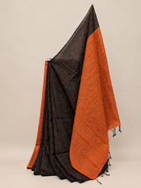 Charcoal Black & Terracotta Glyph Block Print Cotton Saree