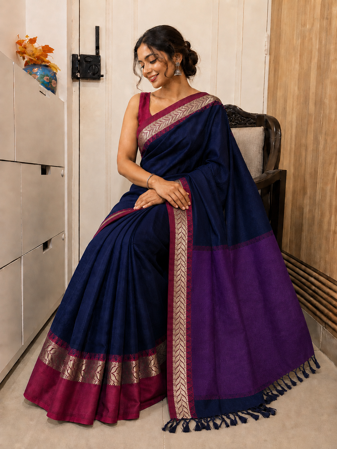 Navy Blue Dhanchora Cotton Saree with Magenta Boarder