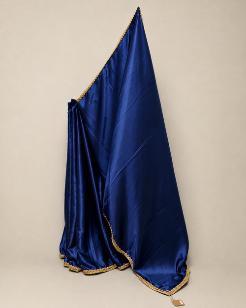 Dark Blue Satin Saree with Golden Lace