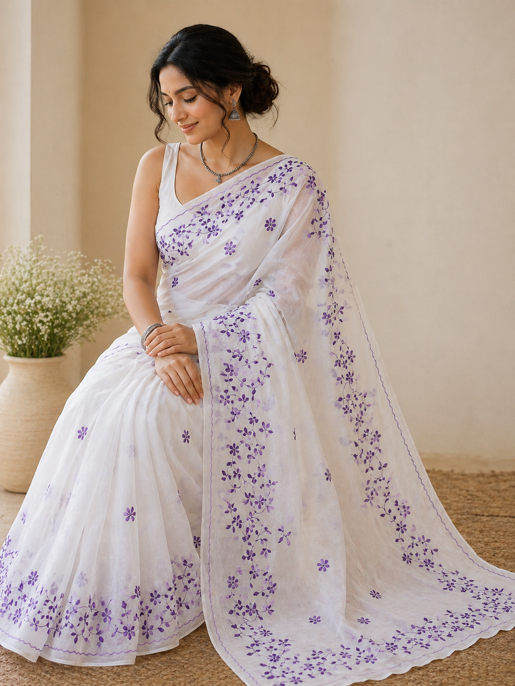 White Organdi Stitch Cotton Saree