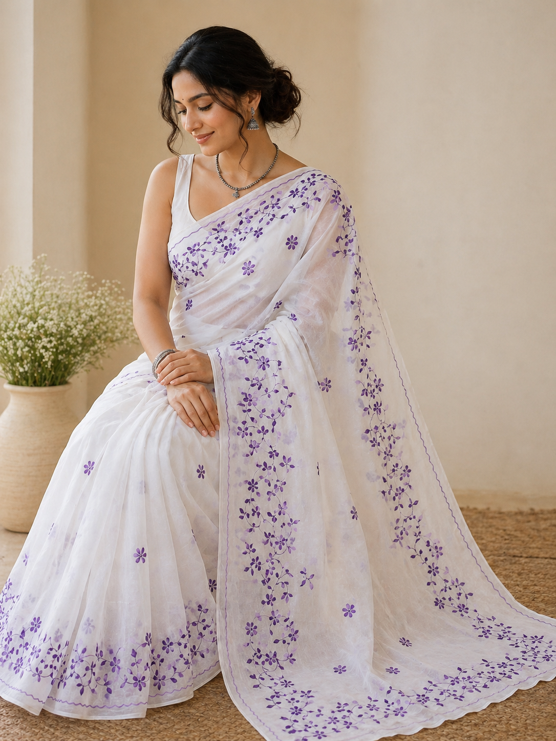 White Organdi Stitch Cotton Saree