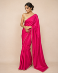 Bright Fuchsia Saree with White & Gold Lace Border
