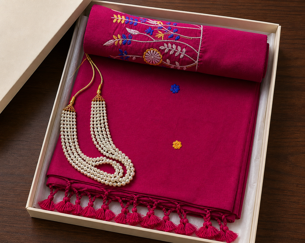 Rani Khadi Saree with Floral Embroidery