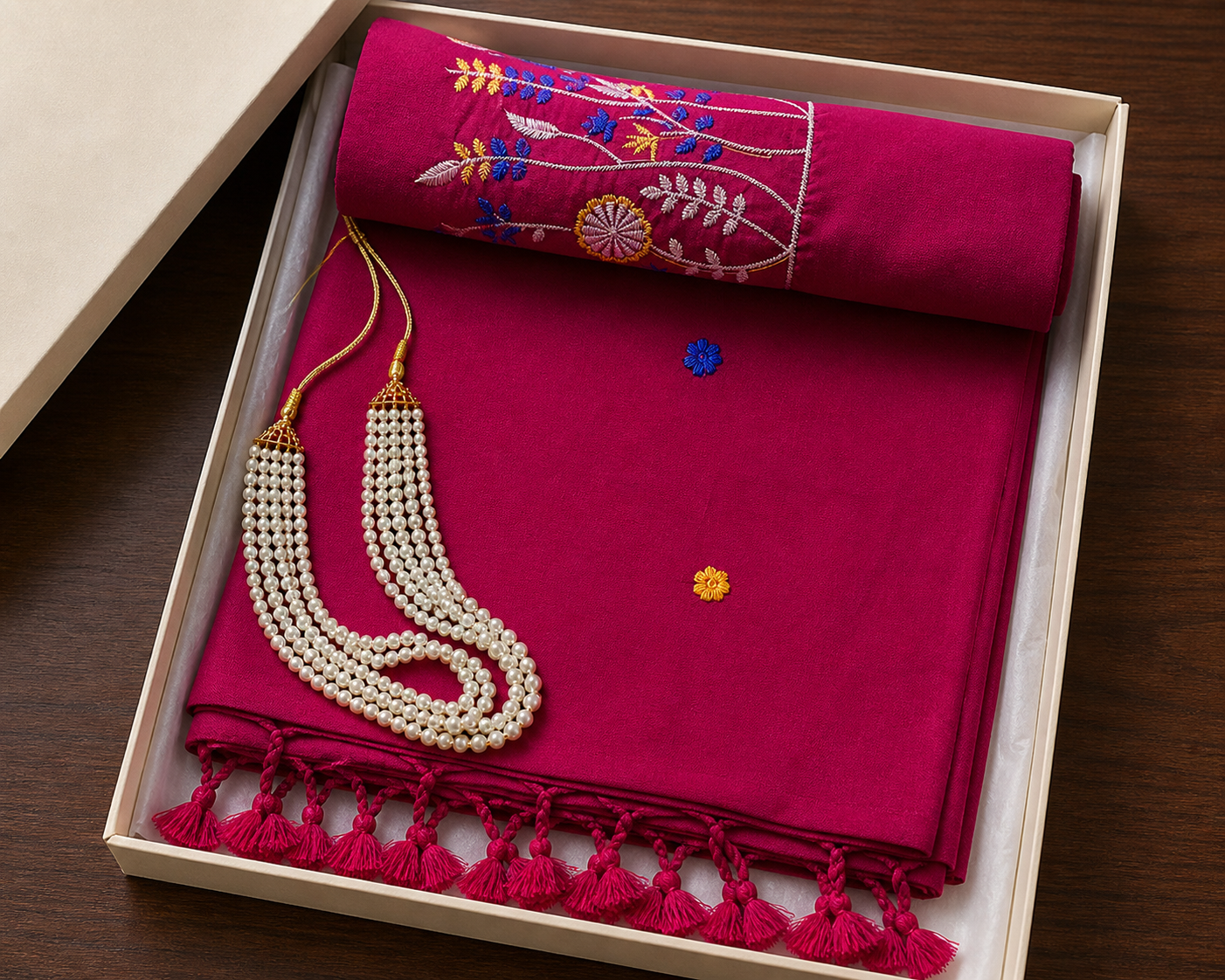 Rani Khadi Saree with Floral Embroidery