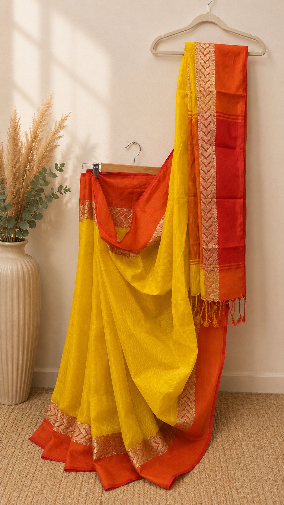 Yellow Dhanchora Cotton Saree with Orange Boarder