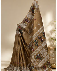 Beige Gold Tussar Silk Saree with Folk Art Motifs
