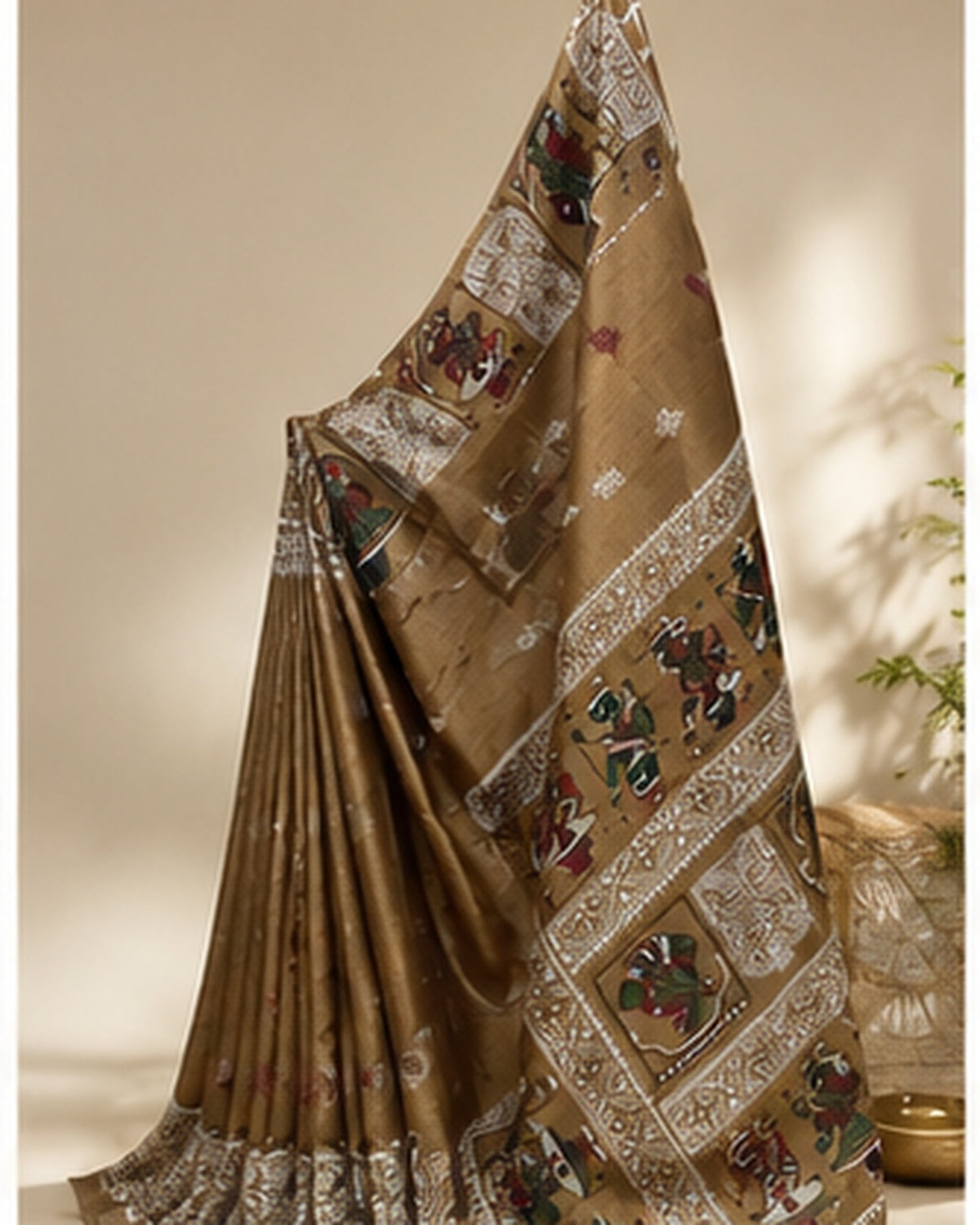 Beige Gold Tussar Silk Saree with Folk Art Motifs