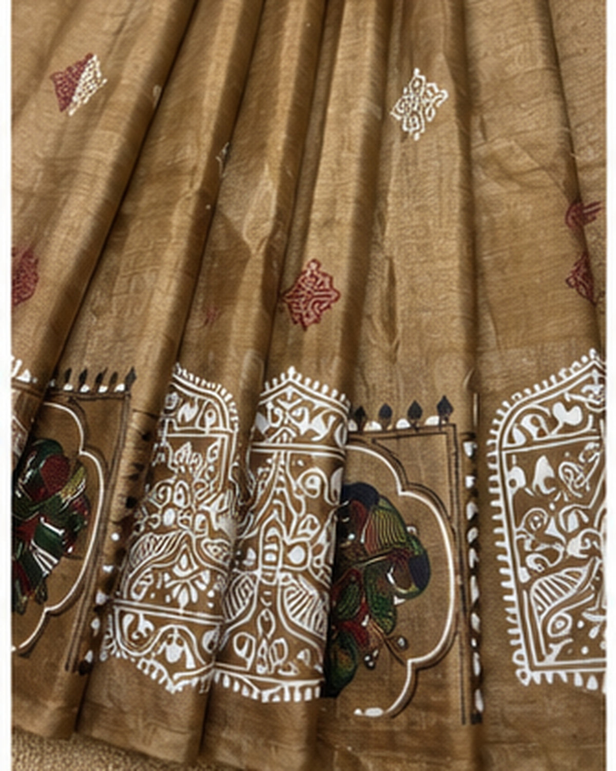 Beige Gold Tussar Silk Saree with Folk Art Motifs