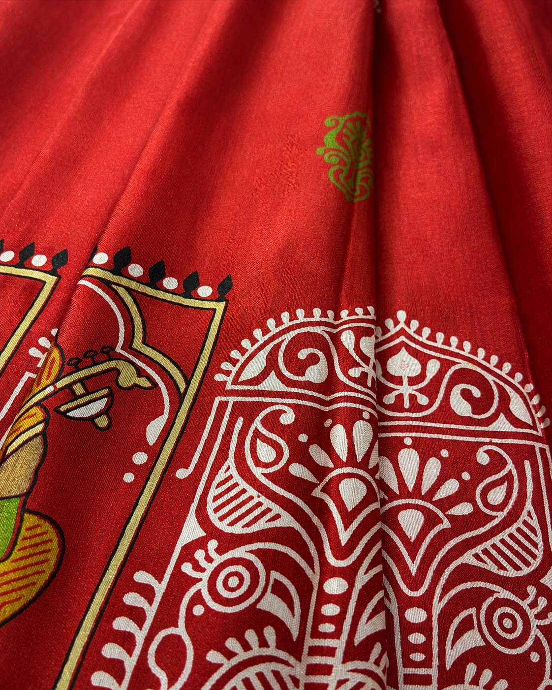 Vermillion Red Tussar Silk Saree with Folk Art Motifs