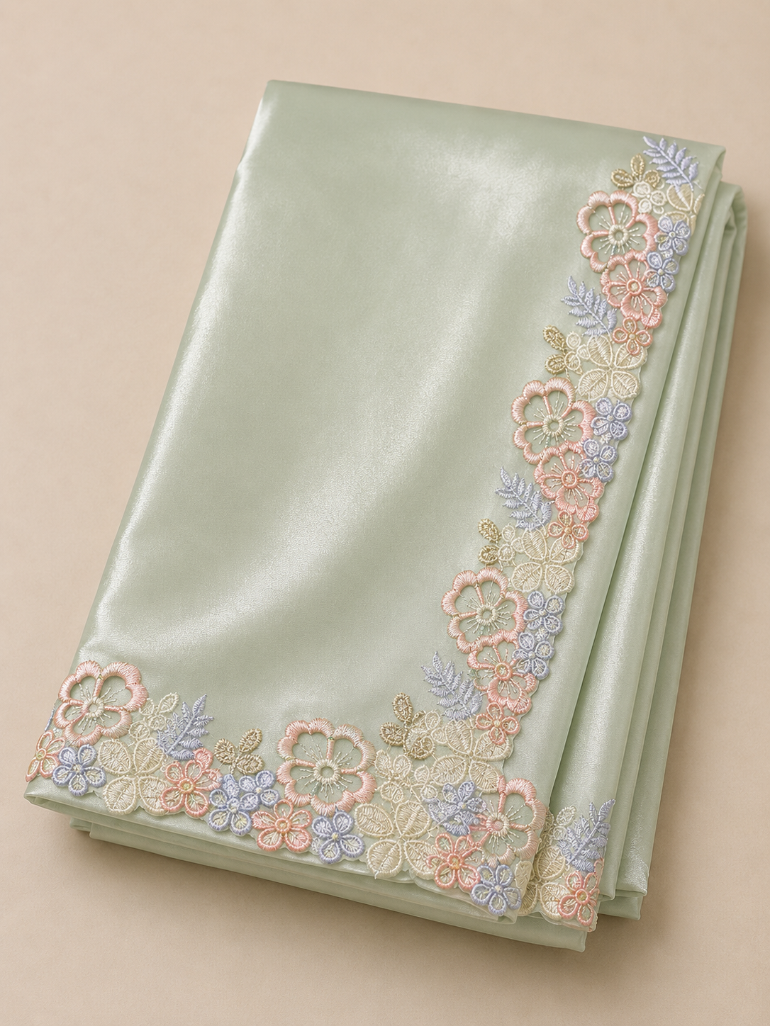 Pastel Green Crepe Saree with Floral Lace Border