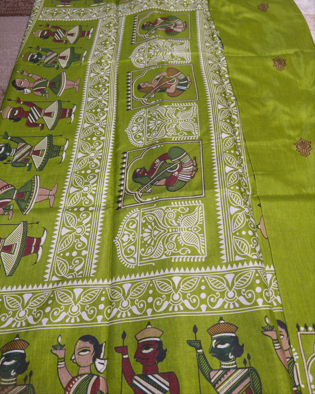 Mehendi Tussar Silk Saree with Folk Art Motifs
