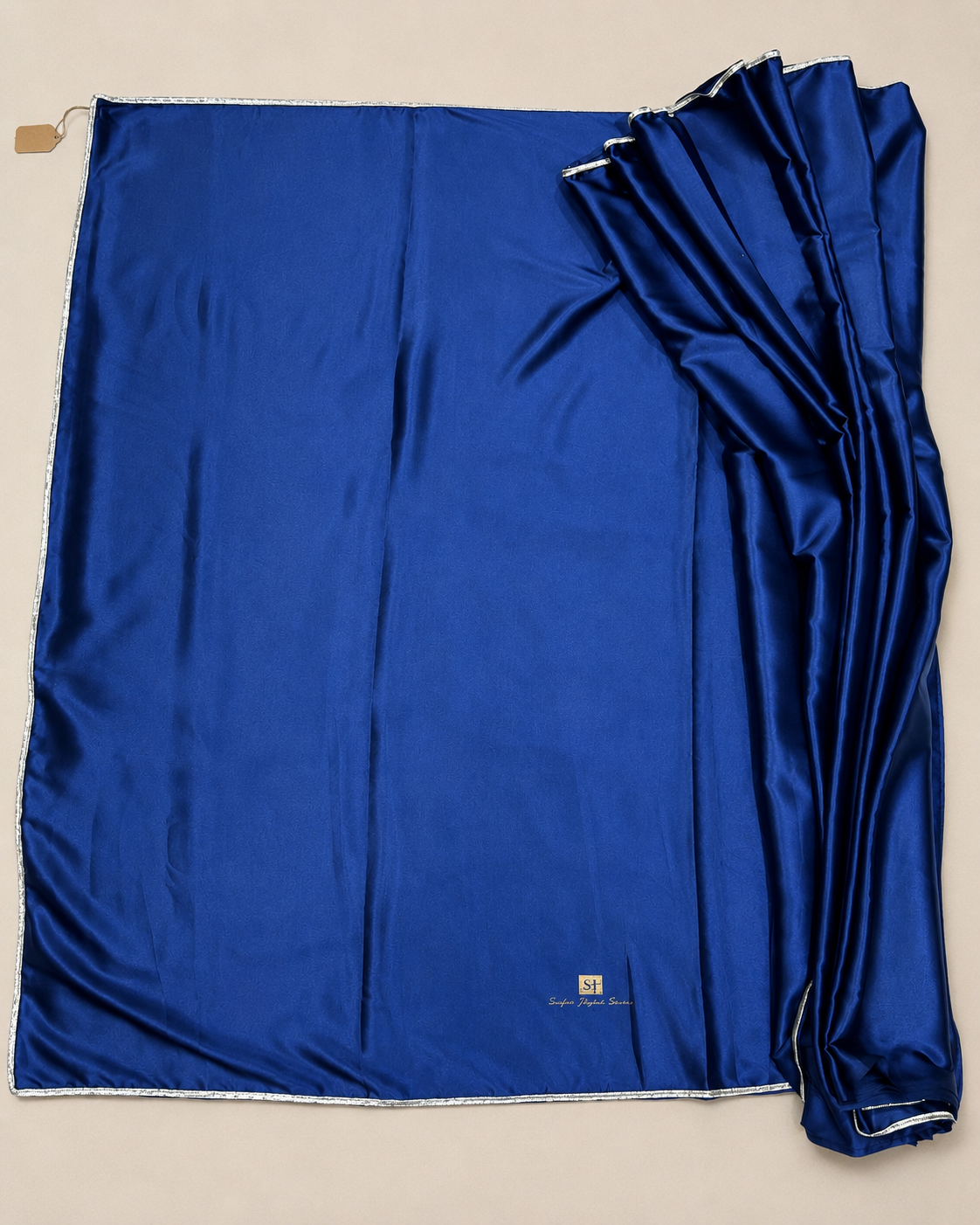 Navy Blue Satin Saree with Silver Lace