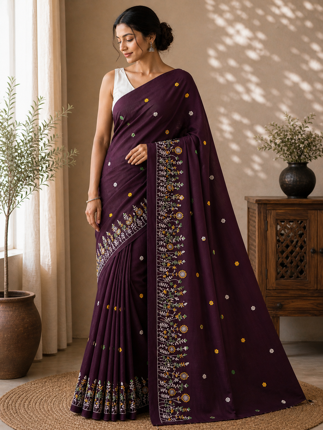 Wine Khadi Saree with Floral Embroidery