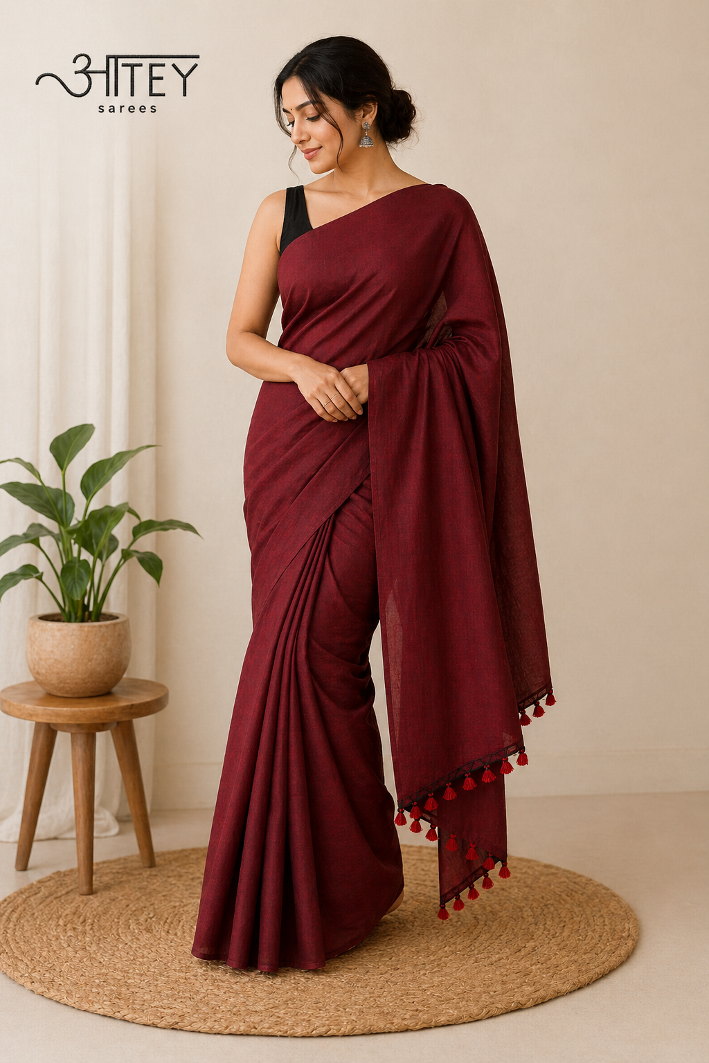 Red Khadi Saree with Kantha Work BP