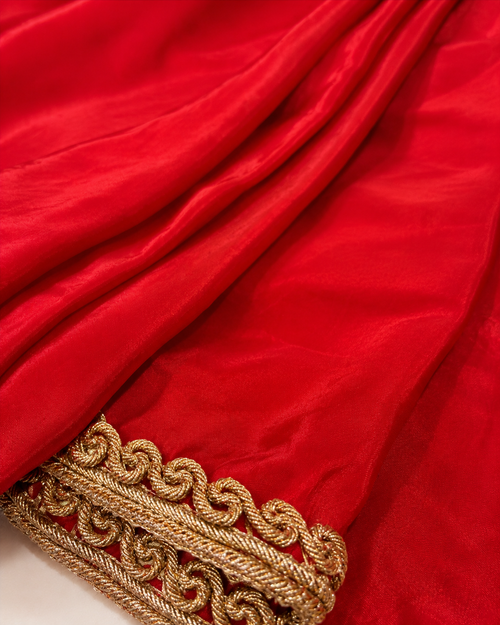 Fiesta Red Crepe Saree Crepe Saree with Gold Zari Border