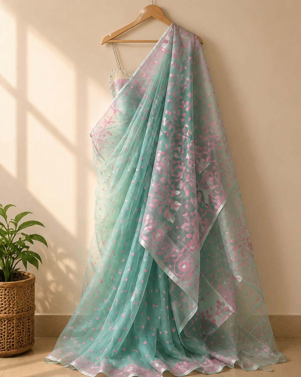 Aqua Green Organza Muslin Saree with Pink Floral Motifs