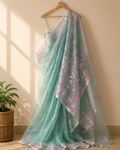 Aqua Green Organza Muslin Saree with Pink Floral Motifs