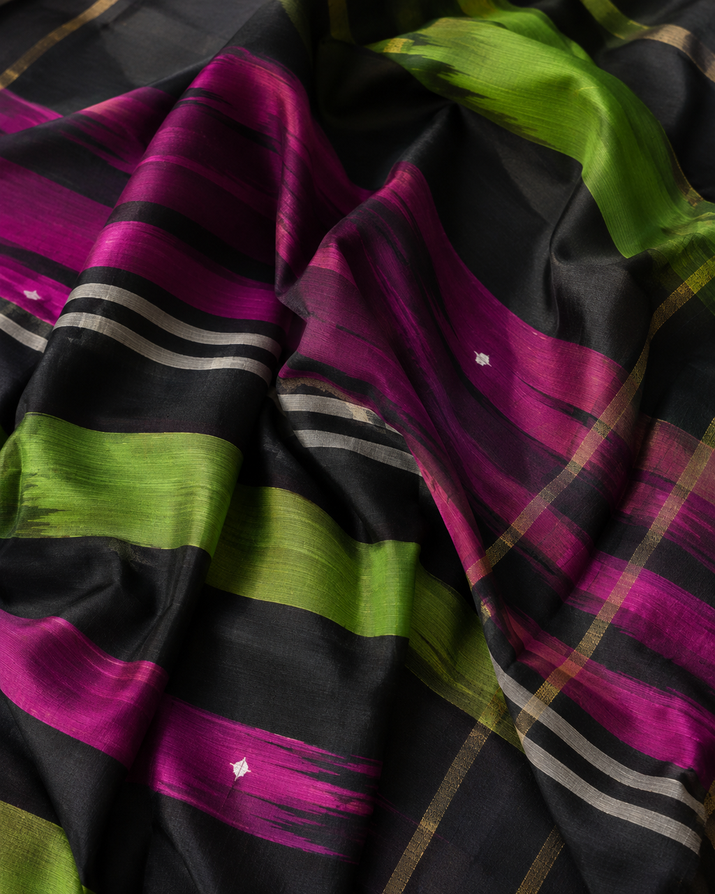 Black Ikkat Cotton Saree with Magenta & Green Pattern