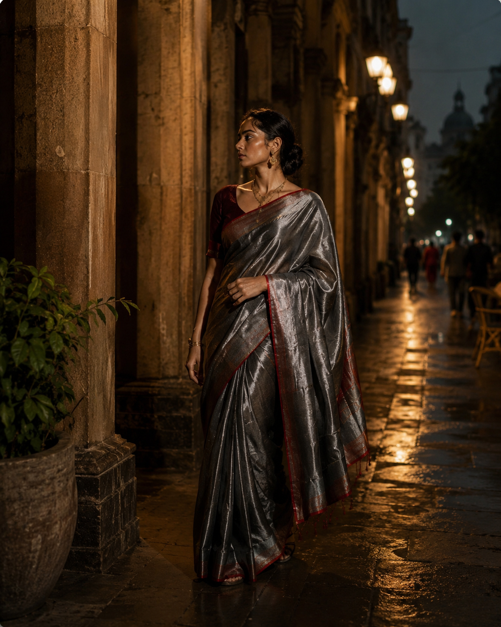 Charcoal Grey Tissue Saree with Red Border