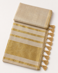Golden White Linen Tissue Saree with Gold Striped Pallu