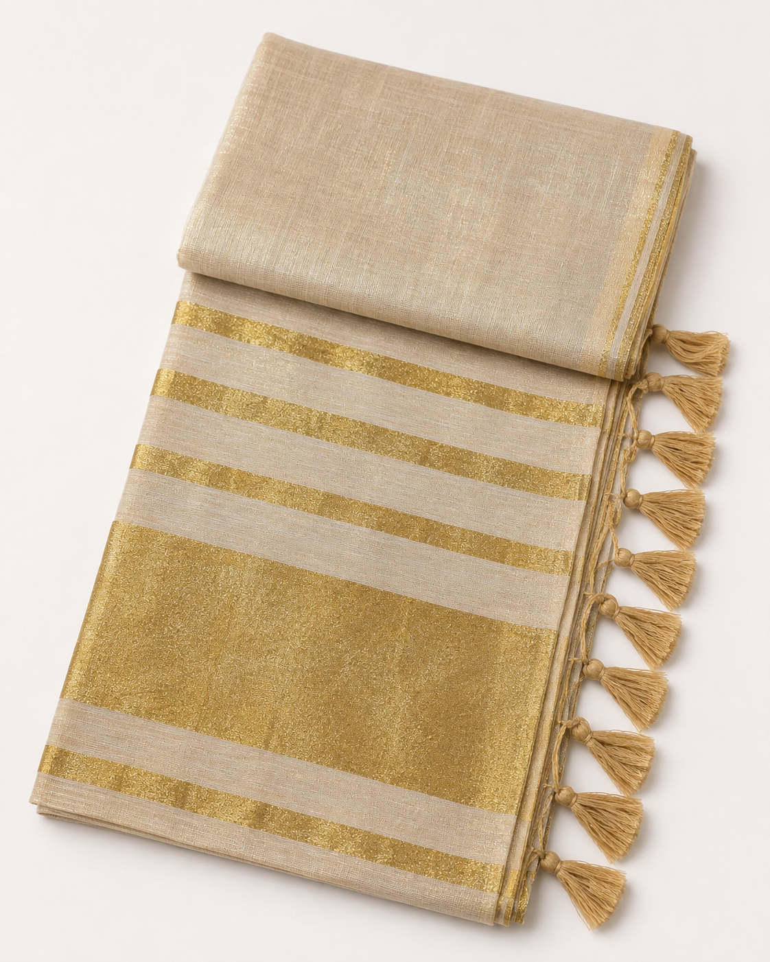 Golden White Linen Tissue Saree with Gold Striped Pallu