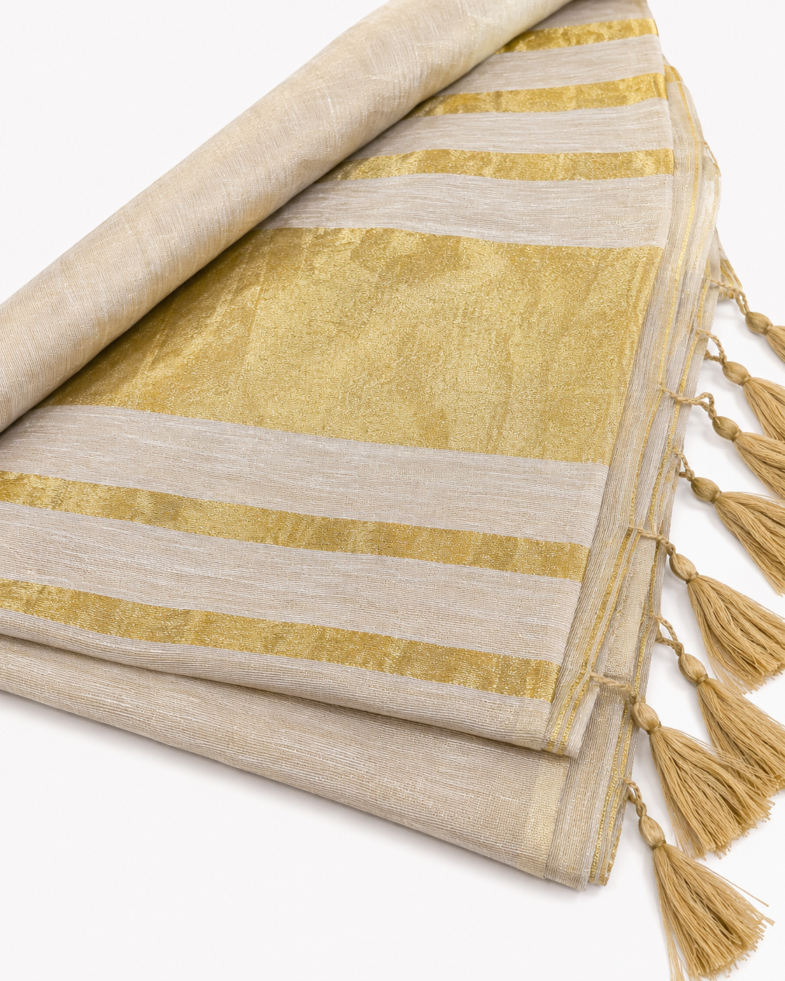 Golden White Linen Tissue Saree with Gold Striped Pallu