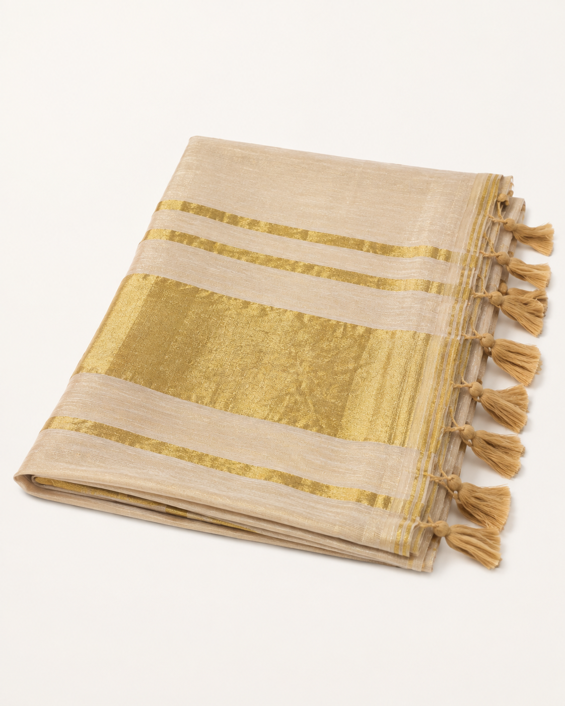 Golden White Linen Tissue Saree with Gold Striped Pallu
