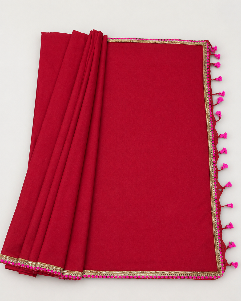 Deep Red Cotton Saree with Fuchsia Pink Lace Border & Tassels
