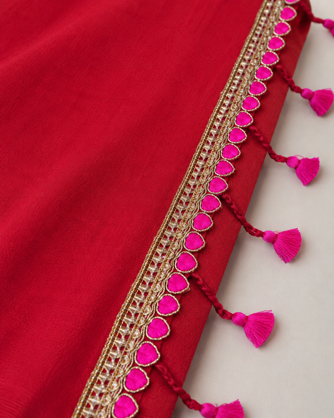 Deep Red Cotton Saree with Fuchsia Pink Lace Border & Tassels
