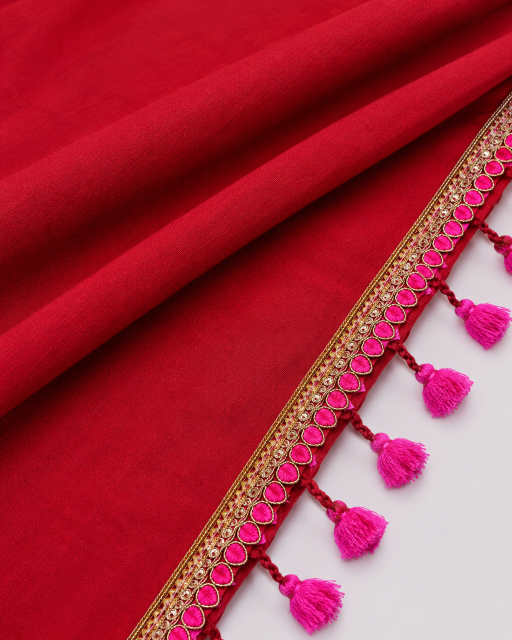 Deep Red Cotton Saree with Fuchsia Pink Lace Border & Tassels