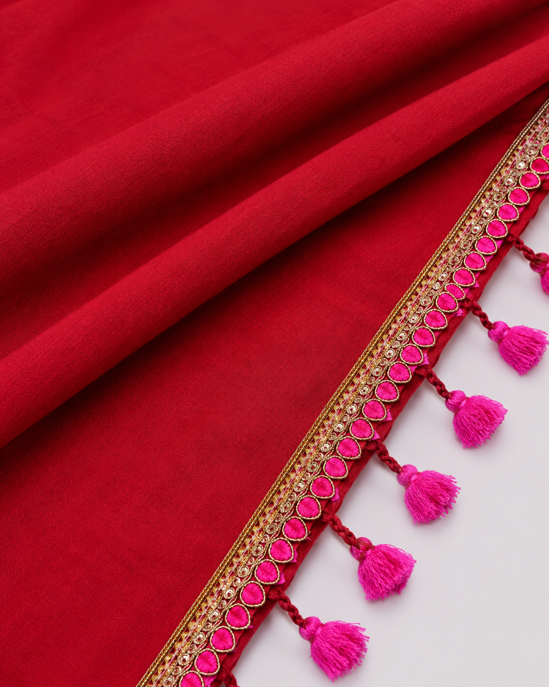 Deep Red Cotton Saree with Fuchsia Pink Lace Border & Tassels