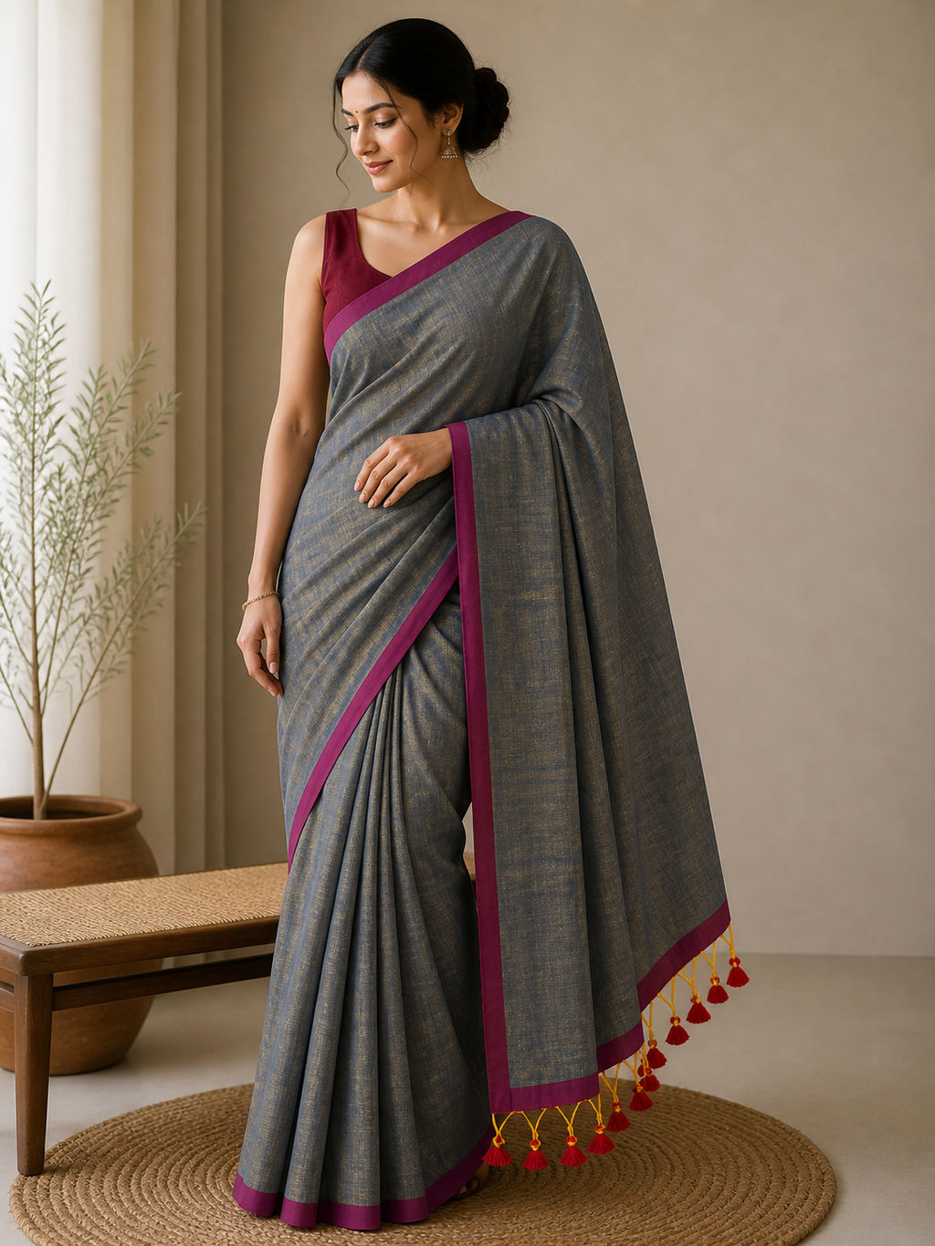 Grey with Soft Yellow Tint Saree with Kantha Work BP (Copy)