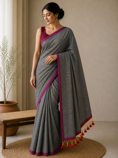 Grey with Soft Yellow Tint Saree with Kantha Work BP (Copy)