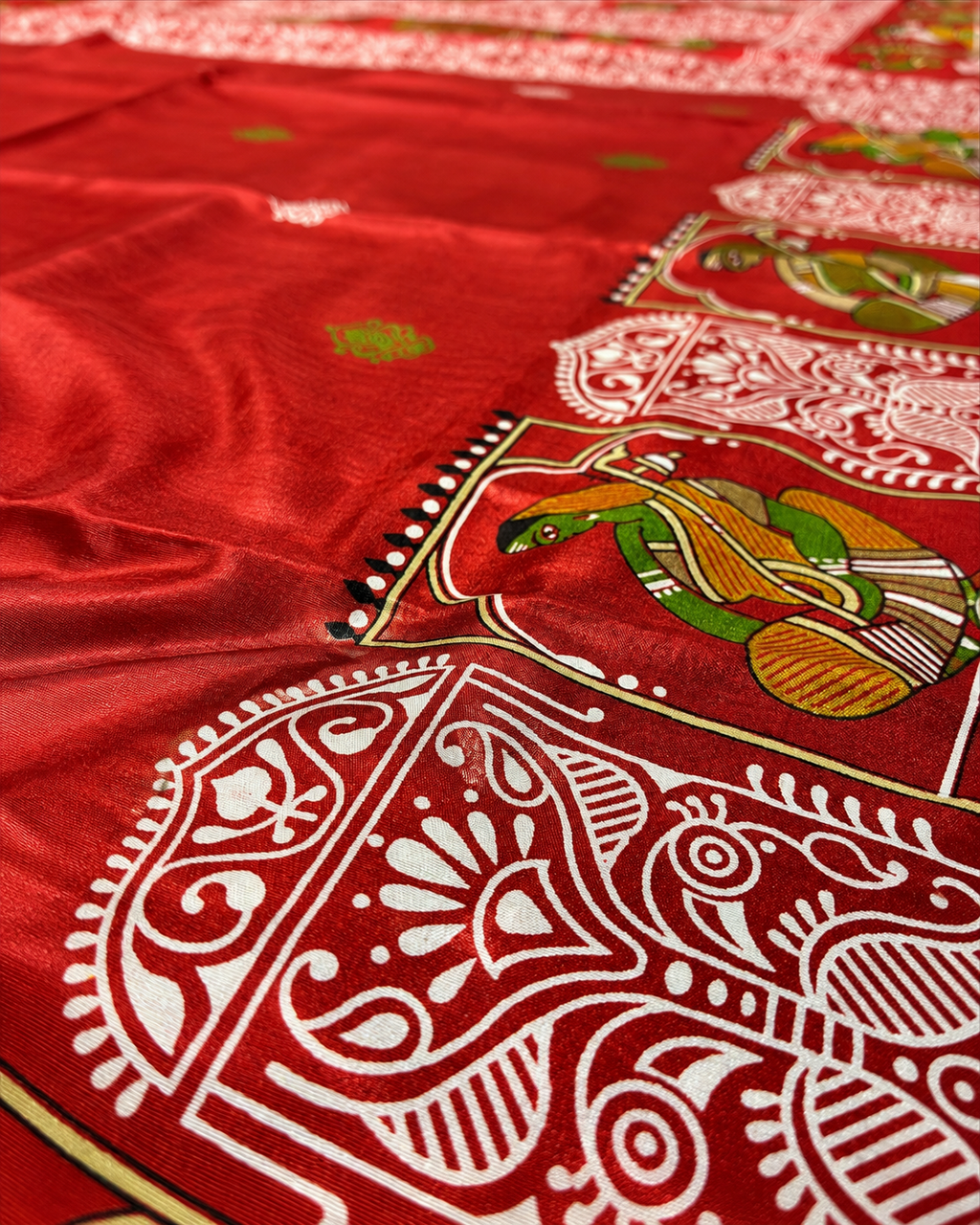 Vermillion Red Tussar Silk Saree with Folk Art Motifs