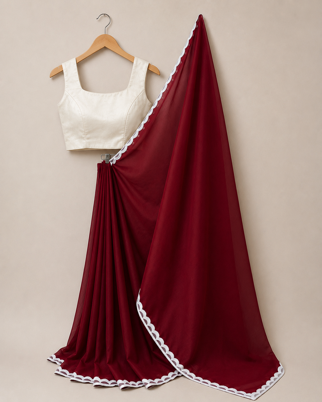 Maroon Gorgette Saree with white Pearl Border