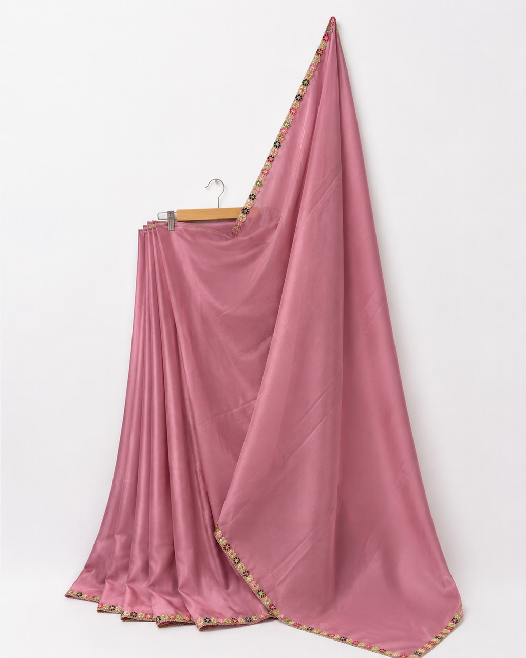Dusty Rose Satin Saree with Flower Lace