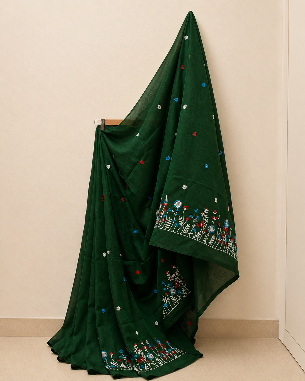 Bottle Green Khadi Saree with Floral Embroidery