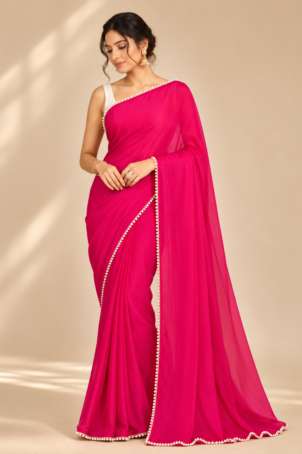 Bright Fuchsia Pearl Lace Saree