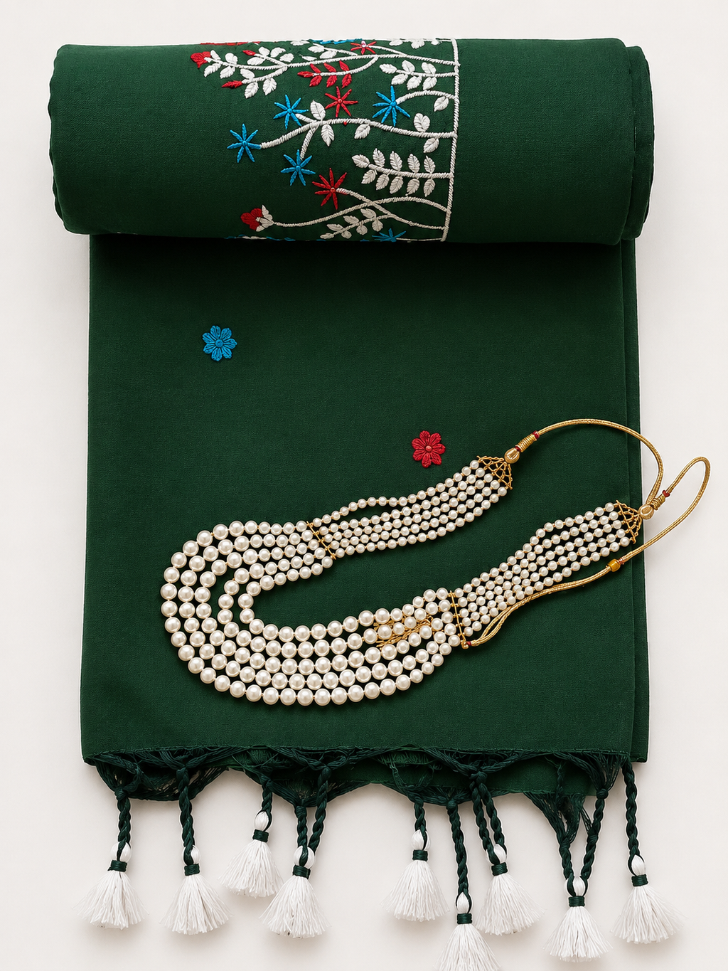 Bottle Green Khadi Saree with Floral Embroidery