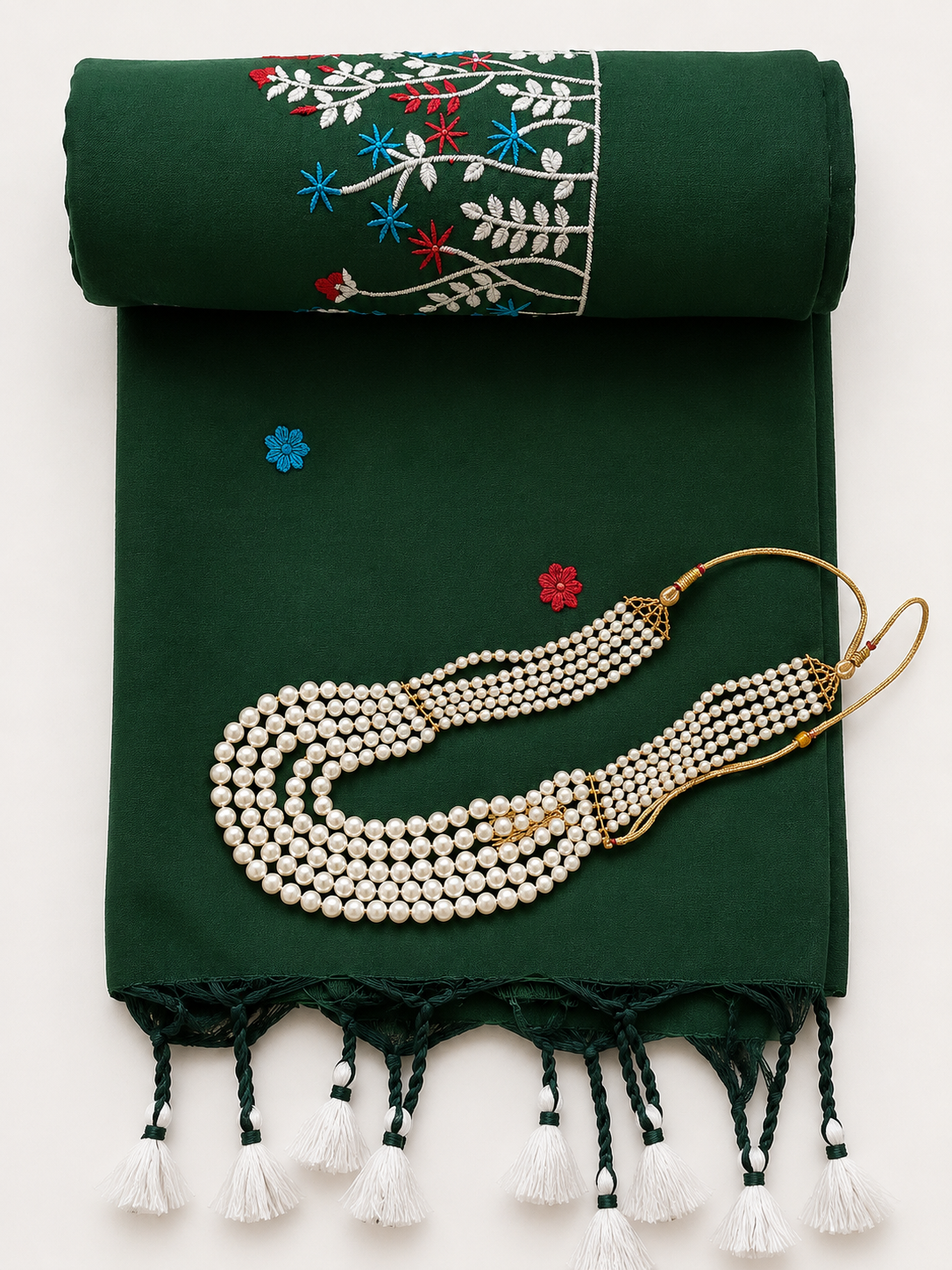 Bottle Green Khadi Saree with Floral Embroidery