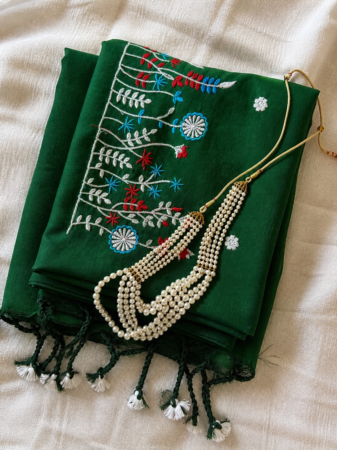 Bottle Green Khadi Saree with Floral Embroidery