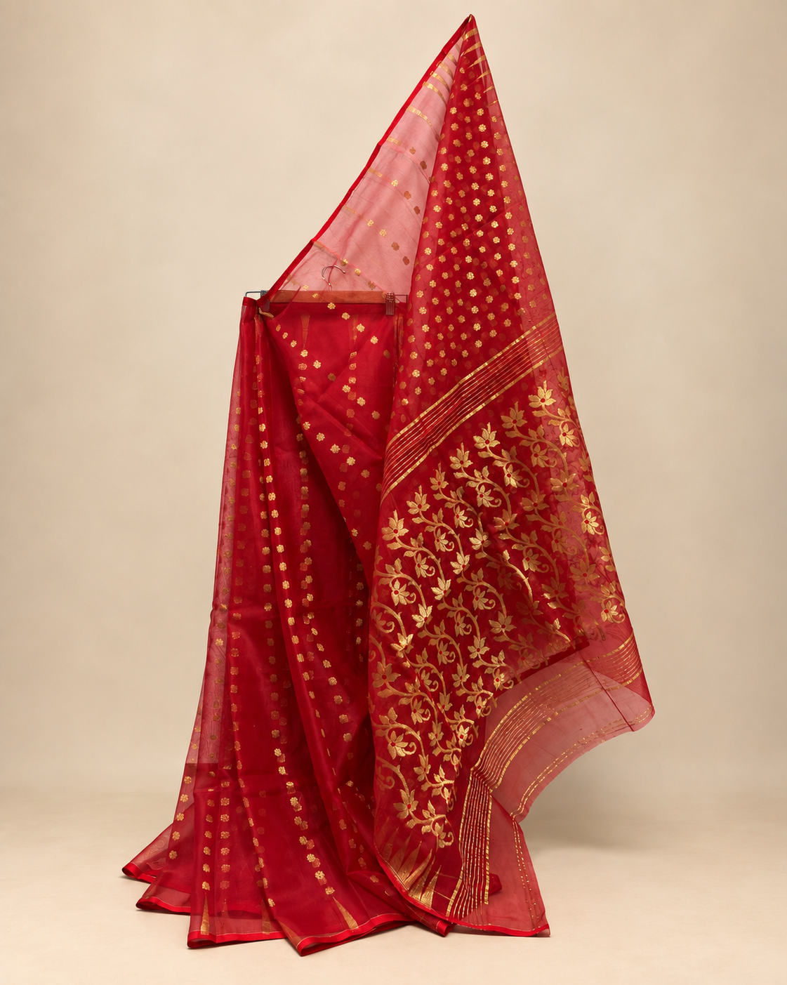 Red Muslin Saree with Golden Zari Work