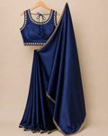 Navy Blue Satin Saree with Mirror Work Lace