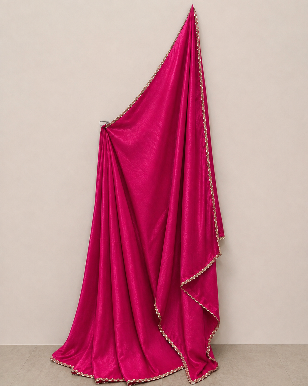 Bright Fuchsia Saree with White & Gold Lace Border