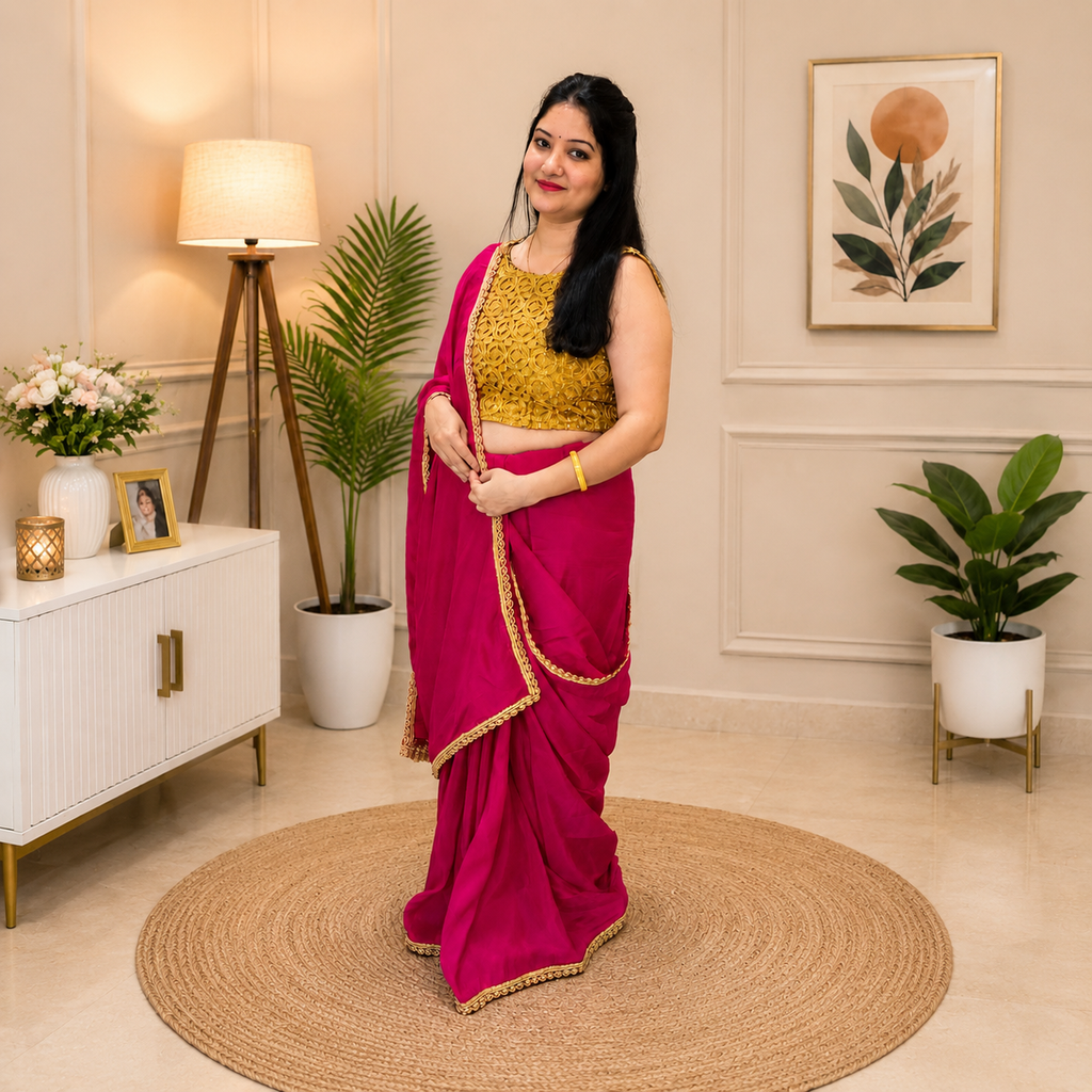 Magenta Saree with Golden Designer Lace