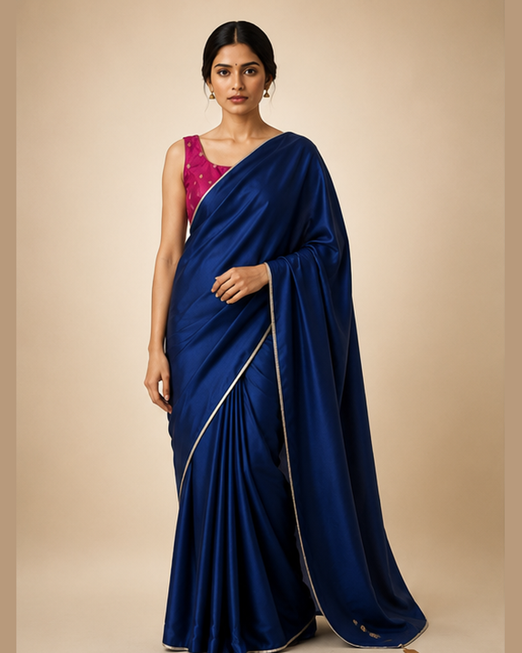 Navy Blue Satin Saree with Silver Lace