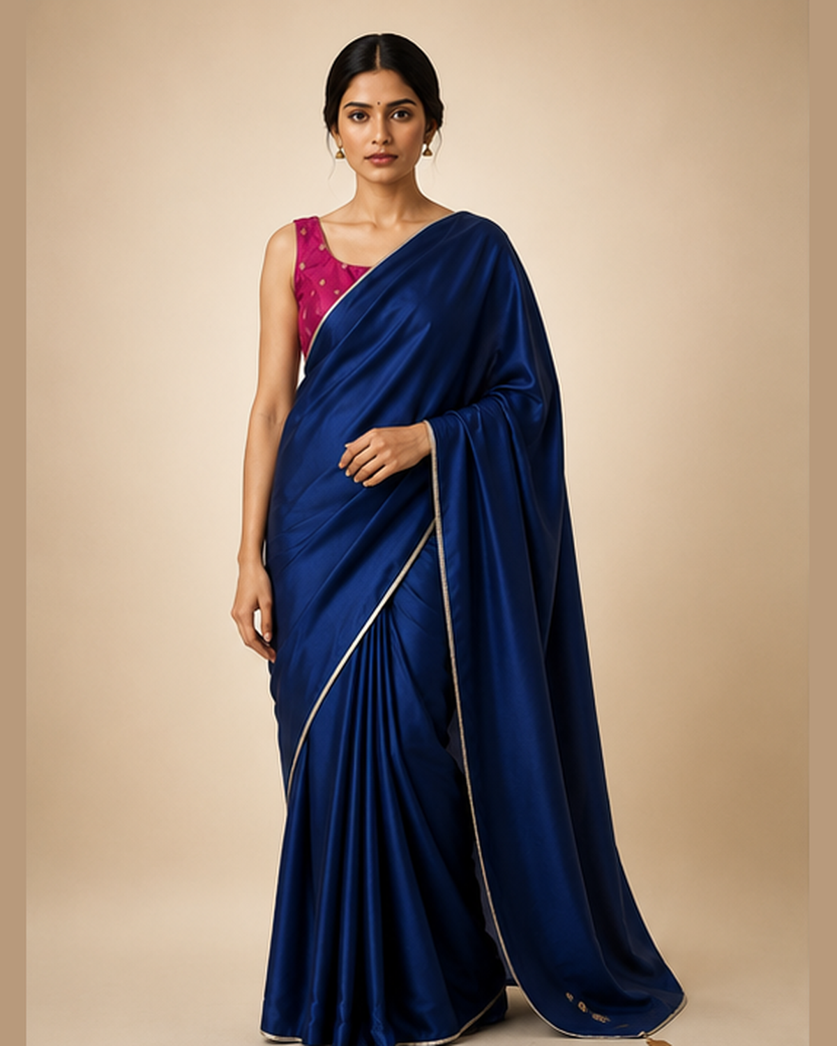 Navy Blue Satin Saree with Silver Lace