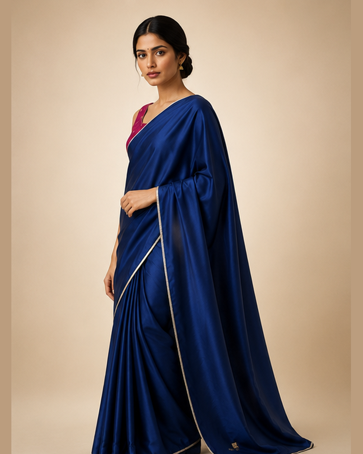 Navy Blue Satin Saree with Silver Lace